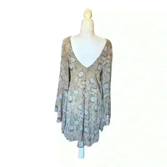 Show Me Your MuMu Peacock Feather Mini Tunic Dress with Butterfly Sleeves Size M - Picture 5 of 10